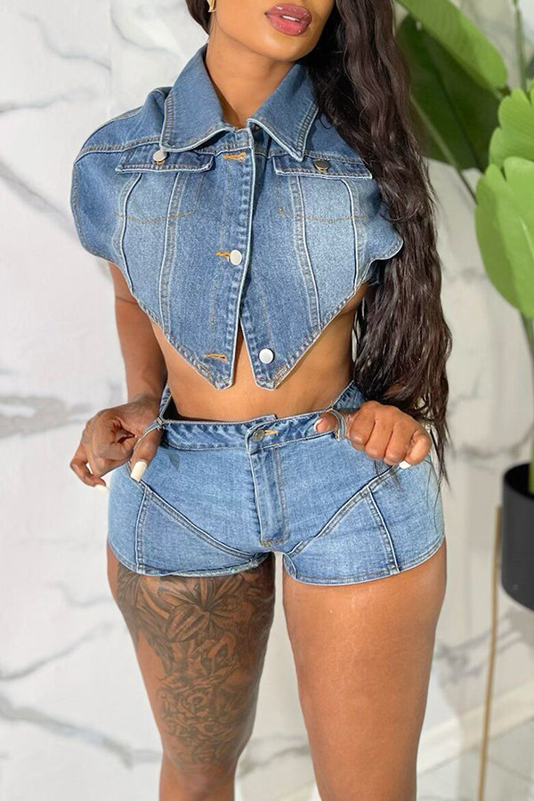Casual Irregular Denim Tops And Shorts Two-piece Set