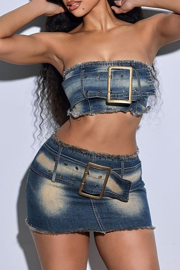 Casual Stretch Denim Tube Top Skirt Two-piece Set