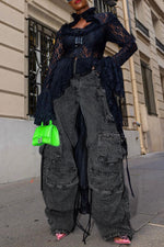 Stylized Asymmetric Multi-Pocket Ruched Loose Jeans
