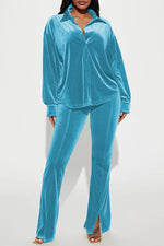 Comfortable Long Sleeve Velour Solid Color Blouse Slim-Fit Slit Pant Suits