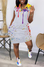 V-neck Inkjet Print Sleeveless Pocket Dress