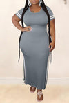 Plus Size Striped Short Sleeve Slit Maxi Dress