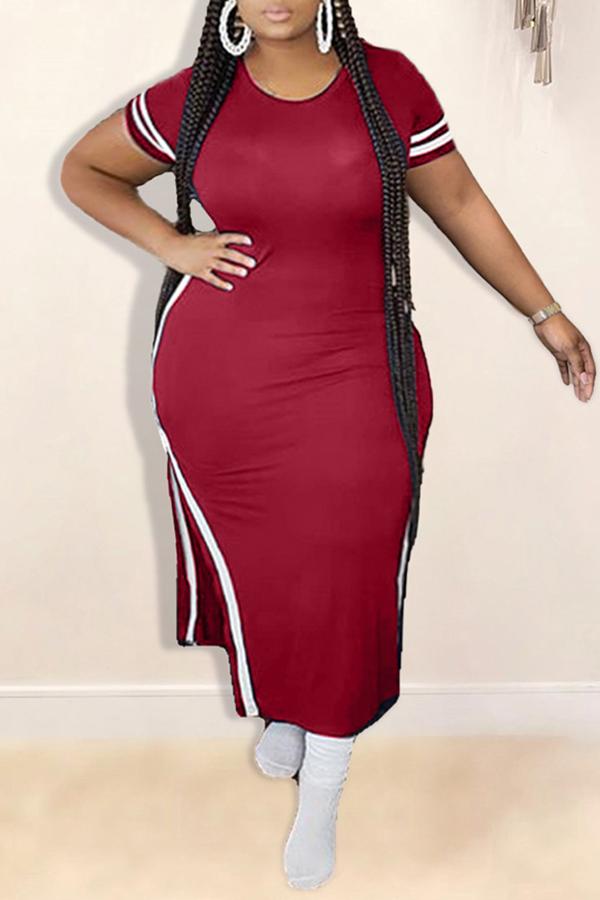 Plus Size Striped Short Sleeve Slit Maxi Dress