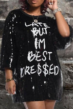 Fashion Charming Letter Print Loose sequined T-shirt