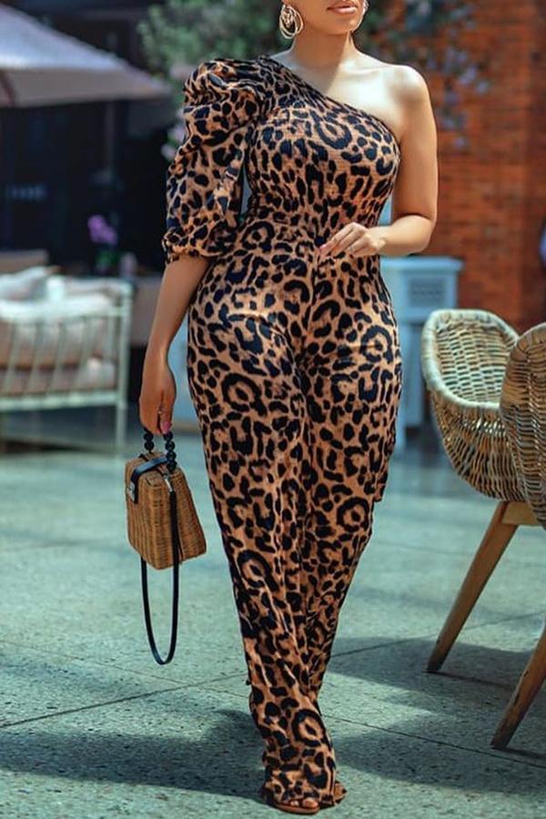Sexy Leopard Print Asymmetrical One-shoulder Jumpsuit