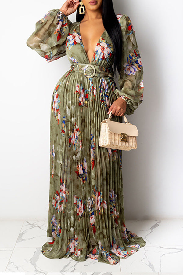 Sexy V-neck Pleated Floral Print Maxi Dress