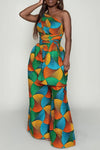 Fashionable Geometric Print Multi-wear Loose Wide-leg Jumpsuit