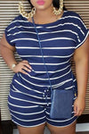 Plus Size Striped Print Loose Round Neck Short Sleeve Romper