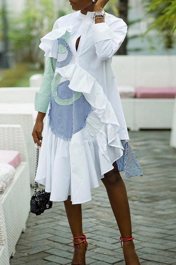 Fashion Striped Stitching Ruffled Lrregular Midi Dresses