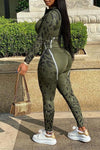  Fashion Camouflage Print Zipper Hooded Skinny Pant Suit