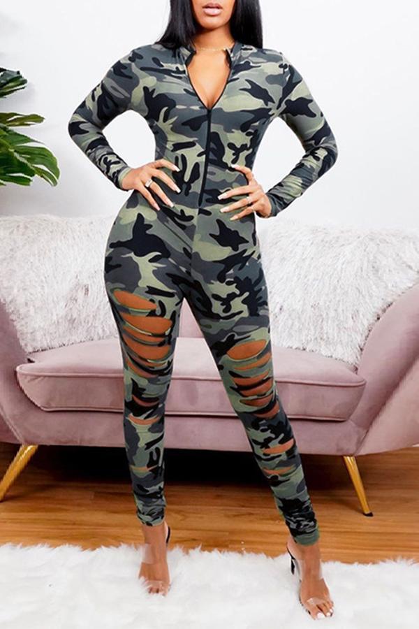  Casual Camouflage Ripped Zipper Jumpsuit