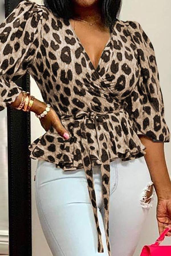 Fashion V-neck Long Sleeved Leopard Print Waist Blouse