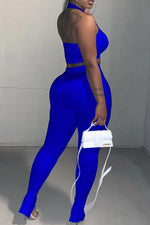  Sports Solid Color Tight Fitting Slit Two Piece Pant Suits