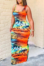 Color Print U Neck  Strap Maxi Dress