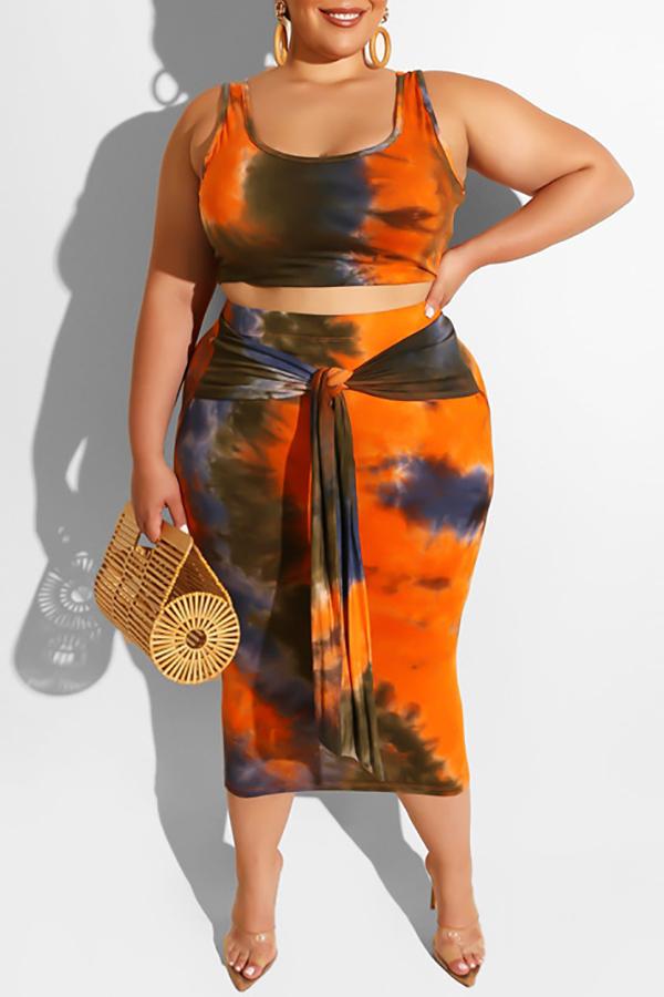  Sexy Tie Dye Print Lace Up Sleeveless Plus Size Dress Suits