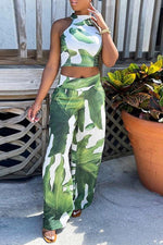 Casual Leaf Print Sleeveless Pant Suits