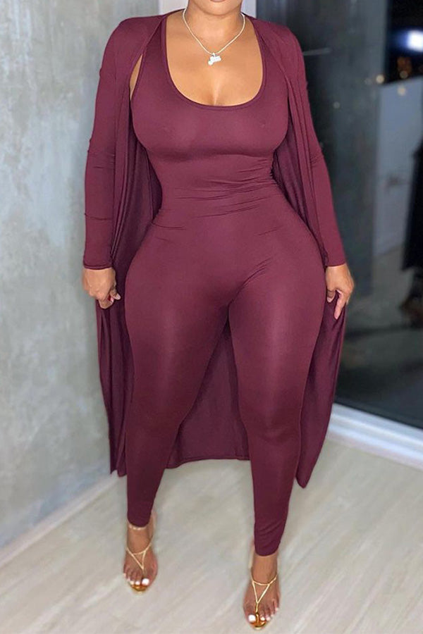 Casual Solid Color Jumpsuit Cardigan Two Piece