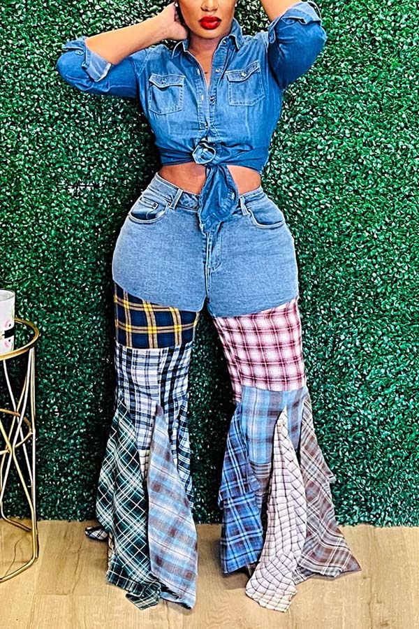 Paneled Check Flared Jeans