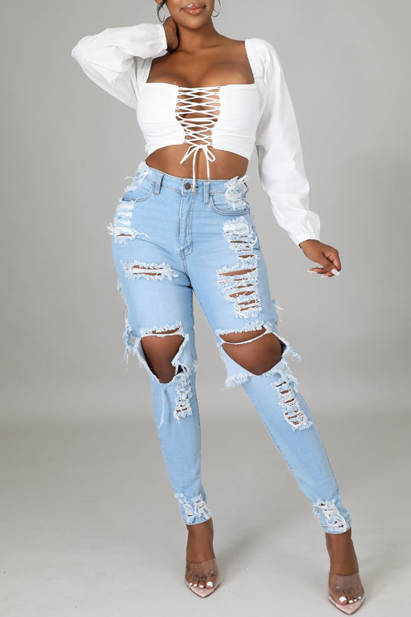 Casual High Waist Ripped Jeans