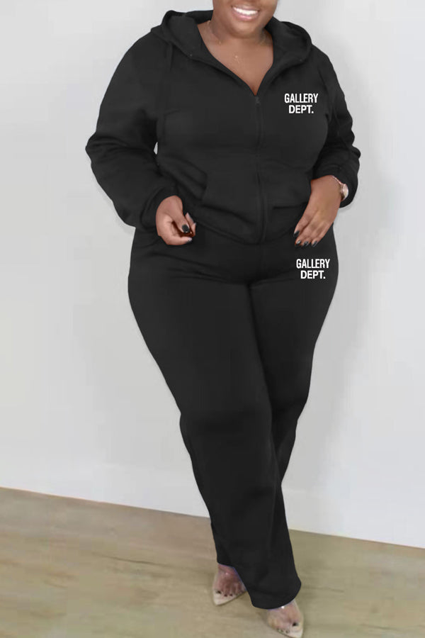 Plus Size Casual Solid Color Hooded Two-Piece Set