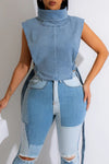 Denim Washed Pile Collar Sleeveless Workwear Short Vest