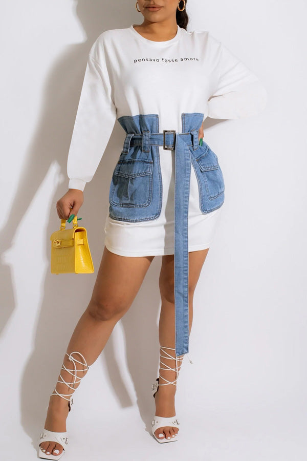 Relaxed Letter Embroidered Lace-up Denim Mini Dress