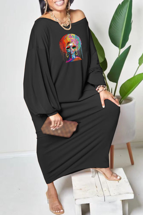 Casual Shoulder Print Dolman Sleeve Maxi Dress