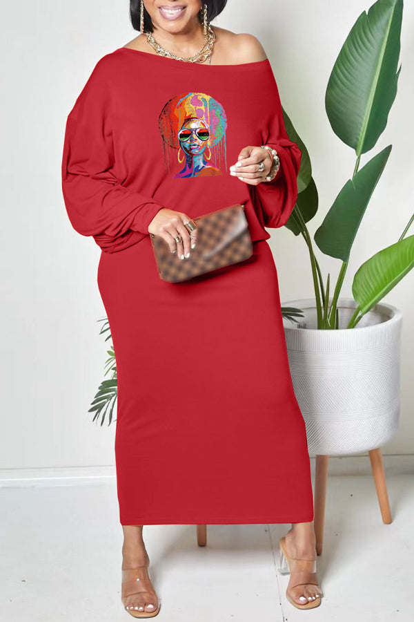 Casual Shoulder Print Dolman Sleeve Maxi Dress