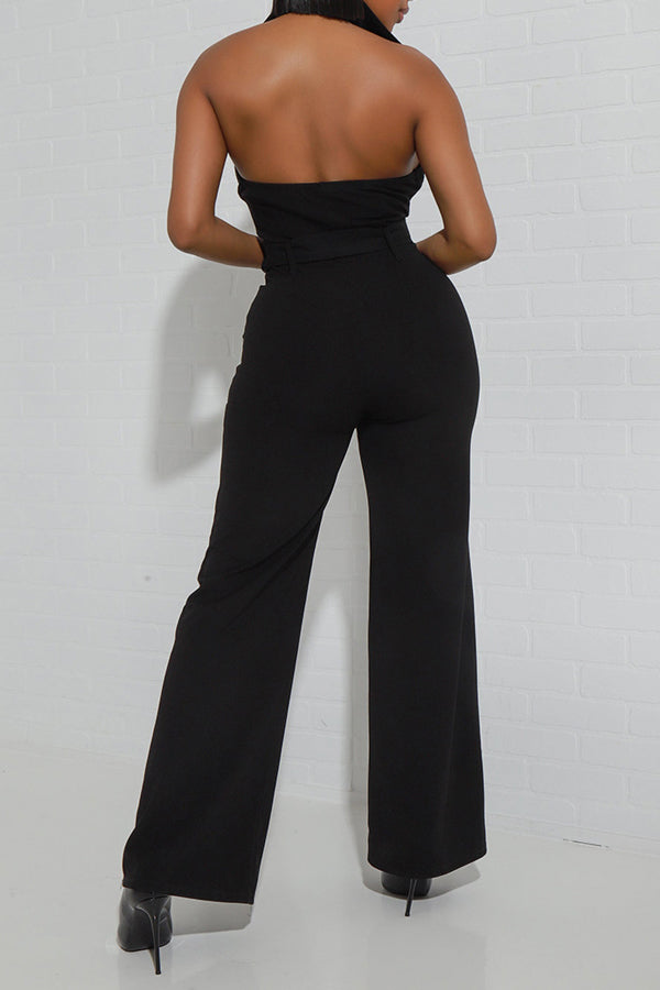 Casual Sleeveless Backless Belt High Stretch Jumpsuit