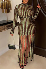 Round Neck Sheer Mesh Sequins Tassel Maxi Dress