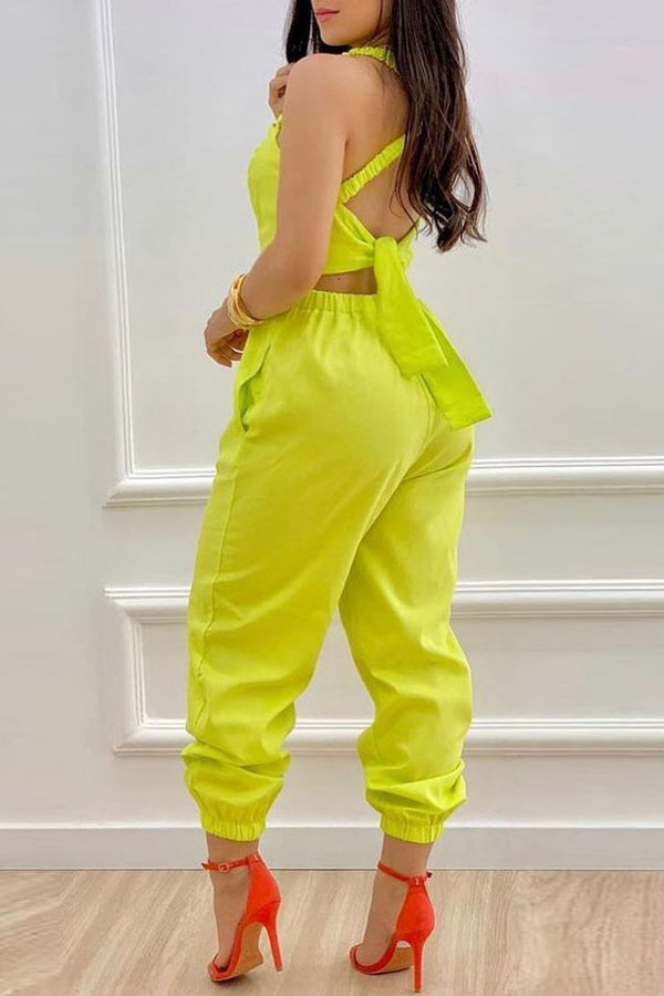 Casual Solid Color Hollow Cargo Jumpsuit