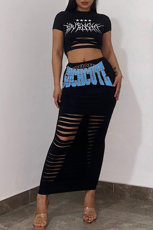 Hollow out Navel T-shirt Retro print Letters Skirt Two-piece set