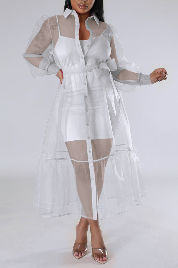Sling Dress Single-breasted Mesh Skirt Set Two-Piece Set
