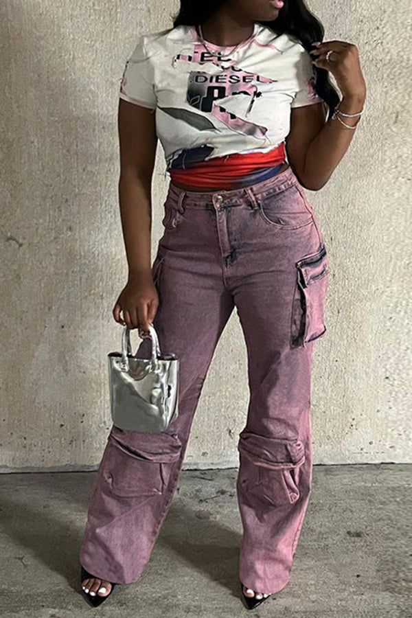 Solid Color Casual Zipper Button High Rise Pocket Jeans