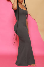 Solid Color Square Neck High Waist Slim Short Sleeve Mermaid Maxi Dress
