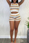 Knitted Sweet Color Block Sleeveless Navel Slim Shorts Two-Piece Set