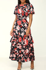 Elegant Print Ruffle Short Sleeve Maxi Dress