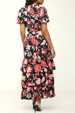 Elegant Print Ruffle Short Sleeve Maxi Dress