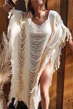 Beach Solid Color Fringed Hollow Knit Maxi Dress