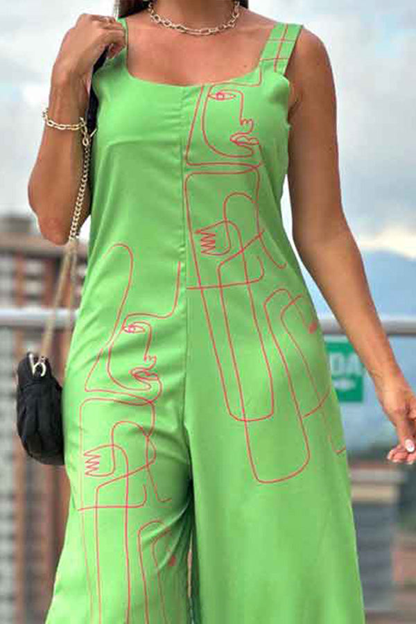 Relaxed Sleeveless Abstract Face Print Jumpsuit