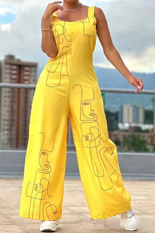 Relaxed Sleeveless Abstract Face Print Jumpsuit