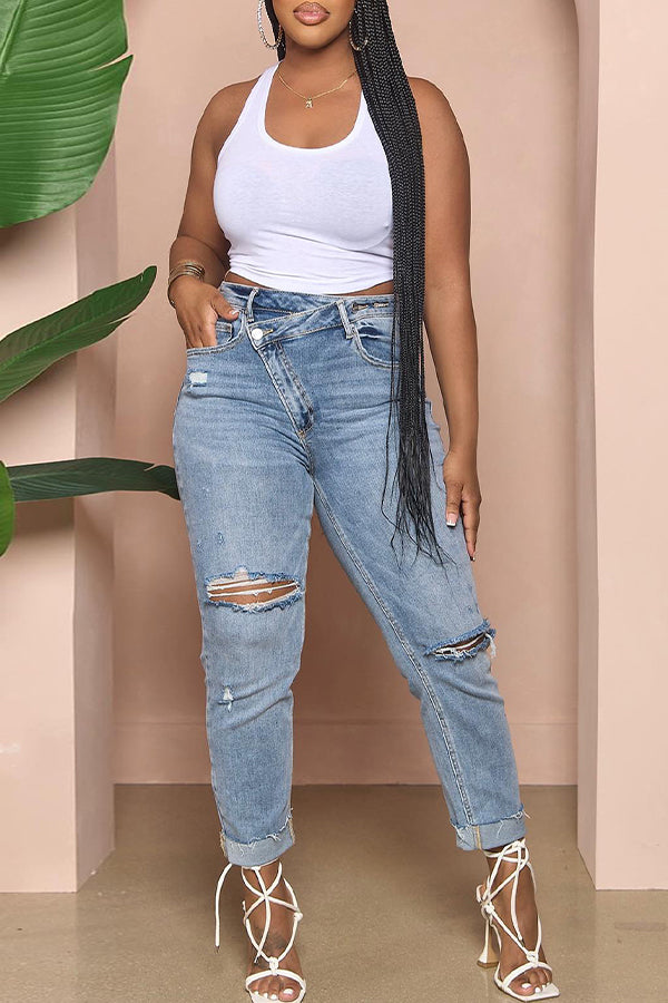 Casual Ripped Diagonal Buckle Stretch Jeans