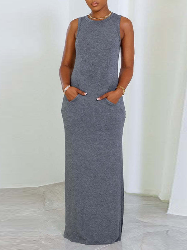 Casual Sleeveless Solid Pocket Slit Maxi Dress