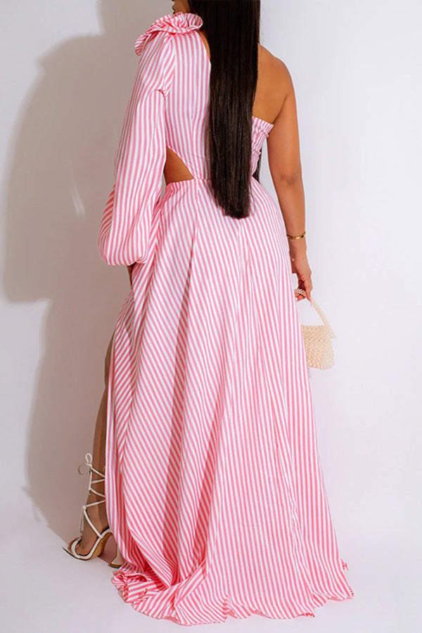 One Shoulder Striped Slit Maxi Dress