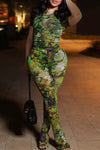 Casual Printed Round Neck Bootcut Pants Slim Two-piece Set