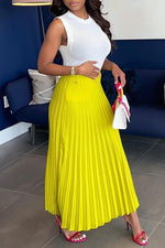 Casual High Waist Solid Color Pleated Long Skirt