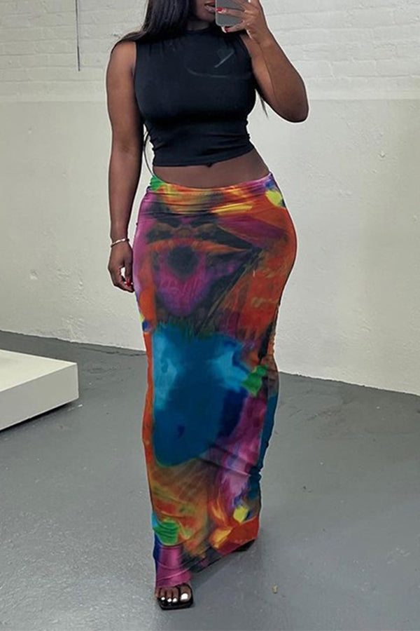 Casual Painted Print Slim Long Skirt