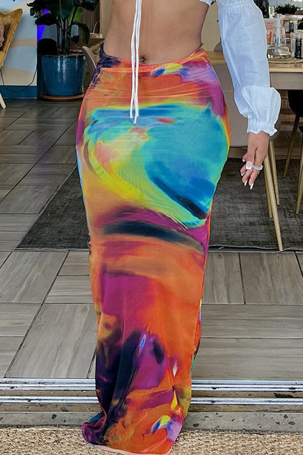 Casual Painted Print Slim Long Skirt