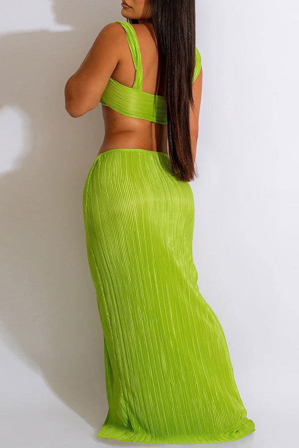 Vacation Pleated Slit Skirt Two-Piece Set