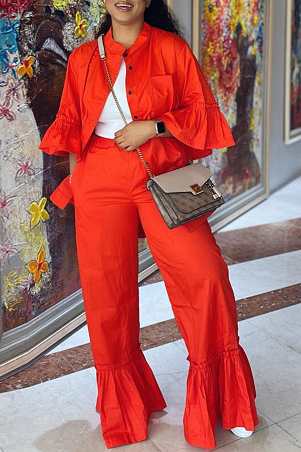 Casual Ruffle Sleeve Shirt and Flared Trousers Two-Piece Set